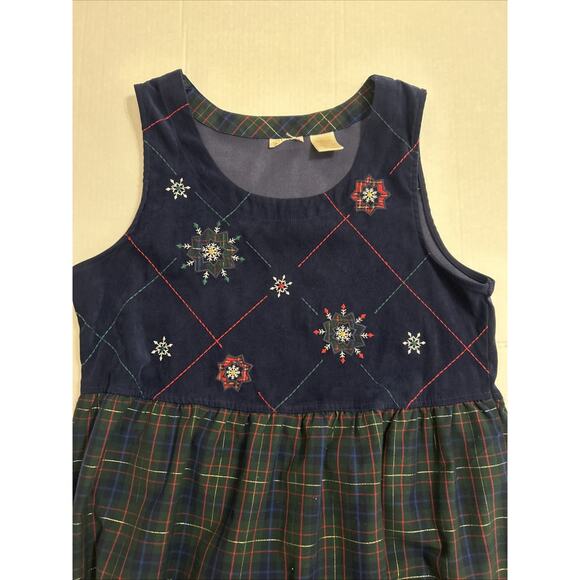 Vtg Maxi Dress Large Embroidered Navy Tartan Plaid Holiday Winter Cottagecore - Picture 2 of 11